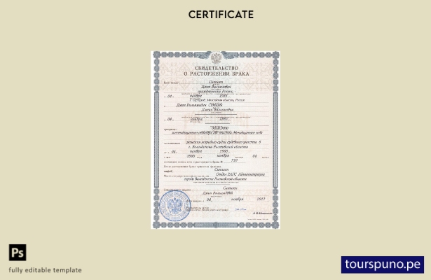 Plantilla de certificado de divorcio de Rusia (Volgodonsk) lista para imprimir